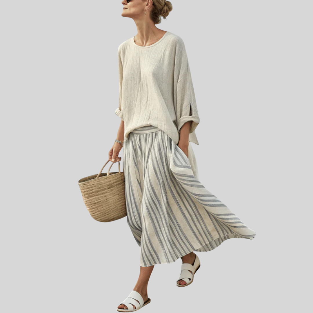 Eva Elegantní Komplet Oversize Halenka-Sukně Lněný