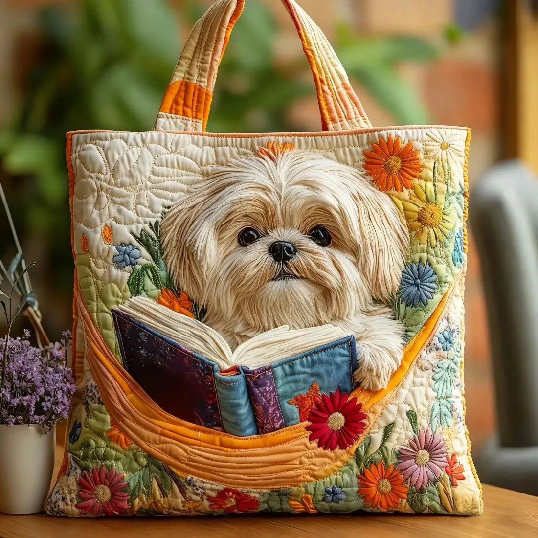 Ručně vyráběná taška Shih Tzu s knihami a květinami